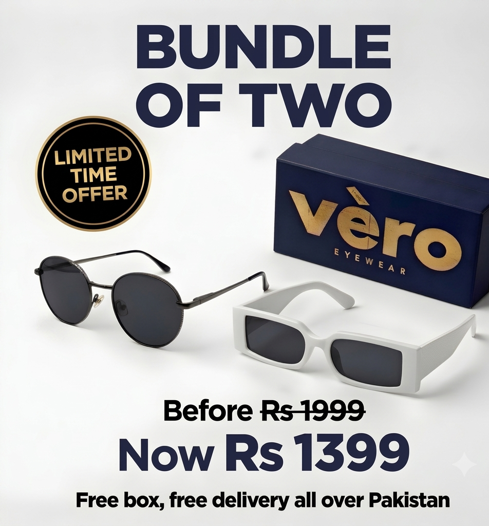 Two pairs of sunglasses with a 'vero eyewear' box on a white background, featuring promotional text.