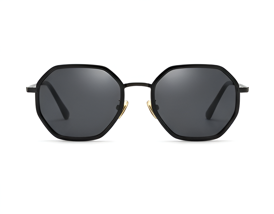 Black sunglasses with a gold accent on a white background