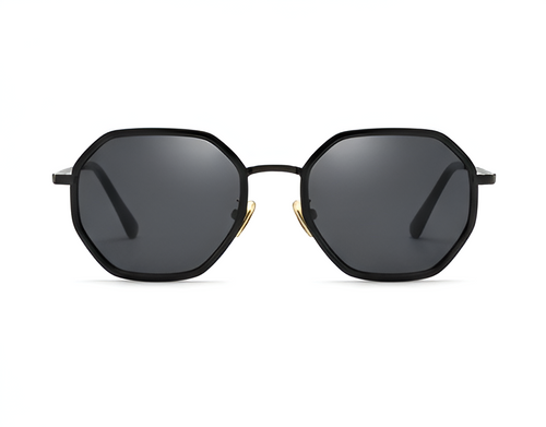 Black sunglasses with a gold accent on a white background