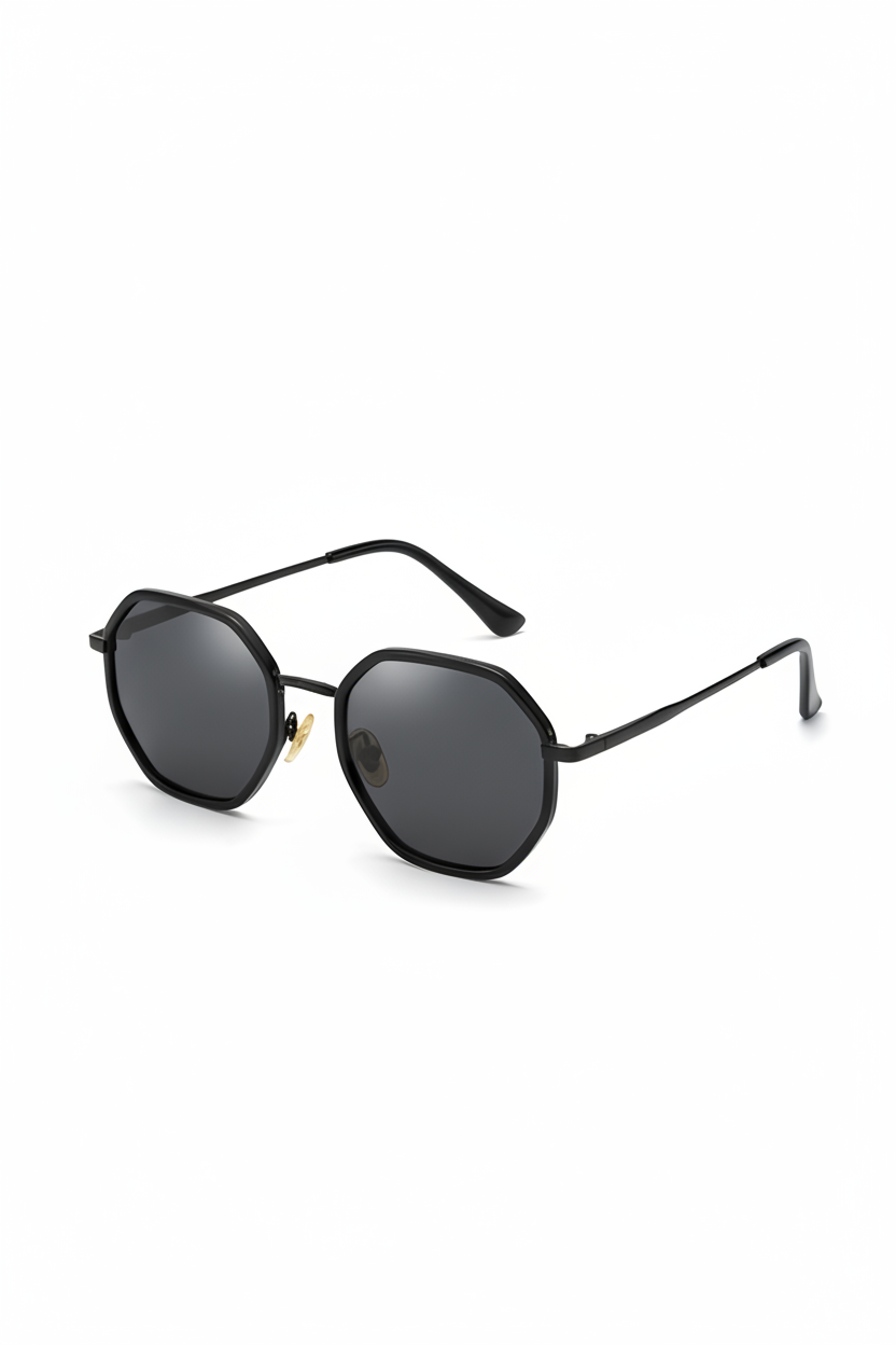 Black sunglasses with dark lenses on a white background