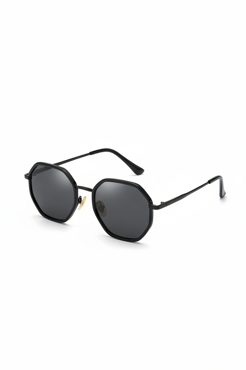 Black sunglasses with dark lenses on a white background