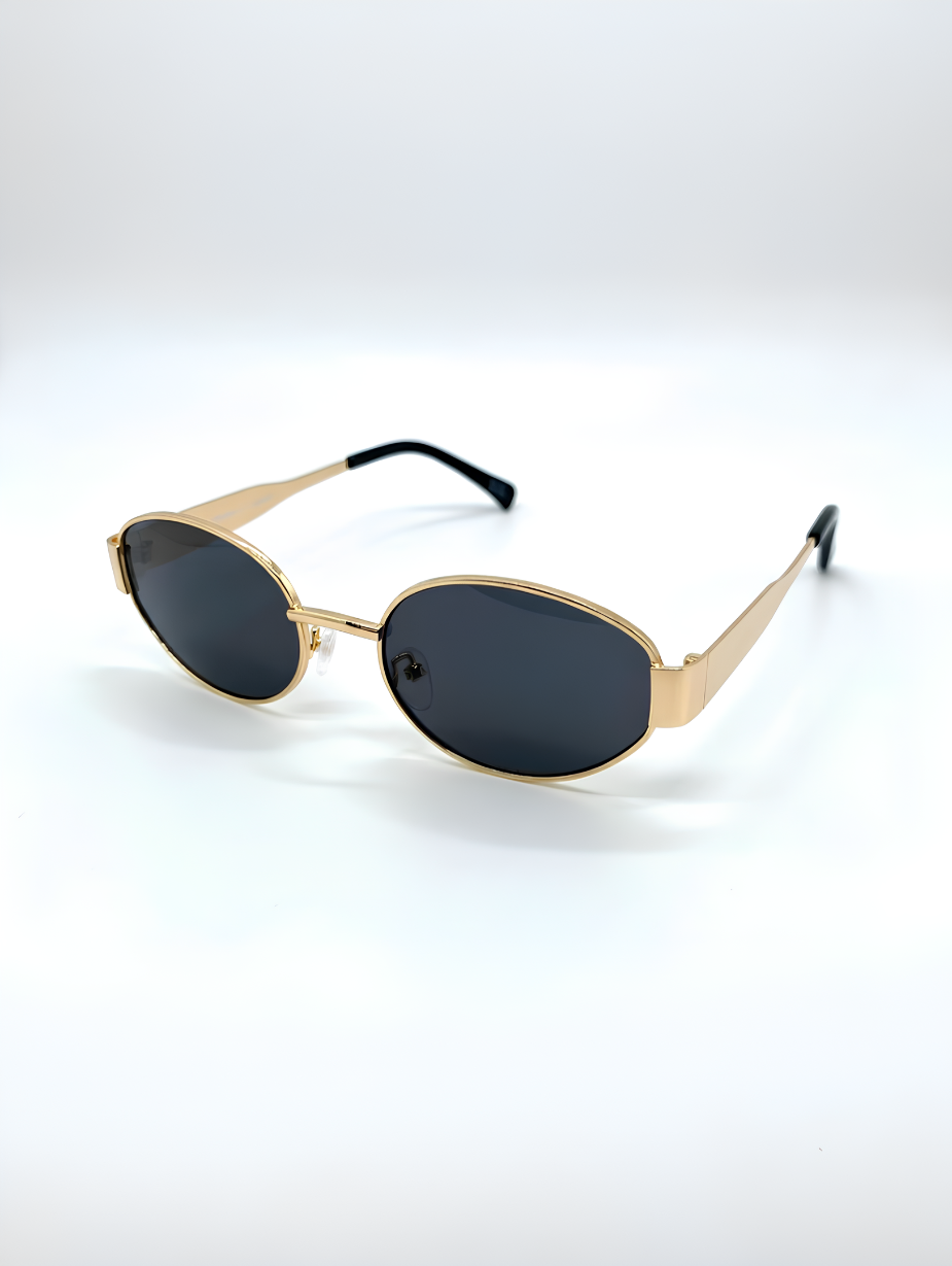 Gold-framed sunglasses with black lenses on a white background